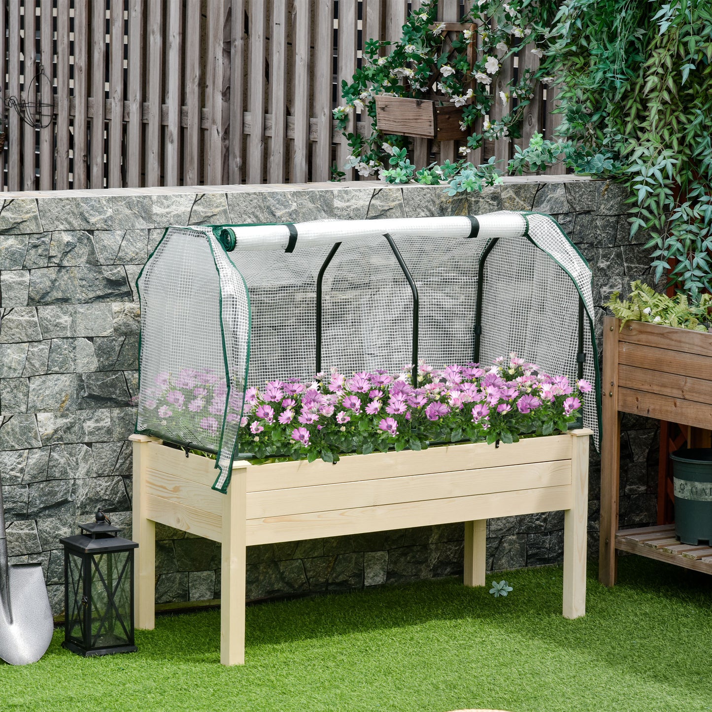 Raised Garden Bed Outdoor Elevated Wood Planter Box w/ PE Cover, Natural