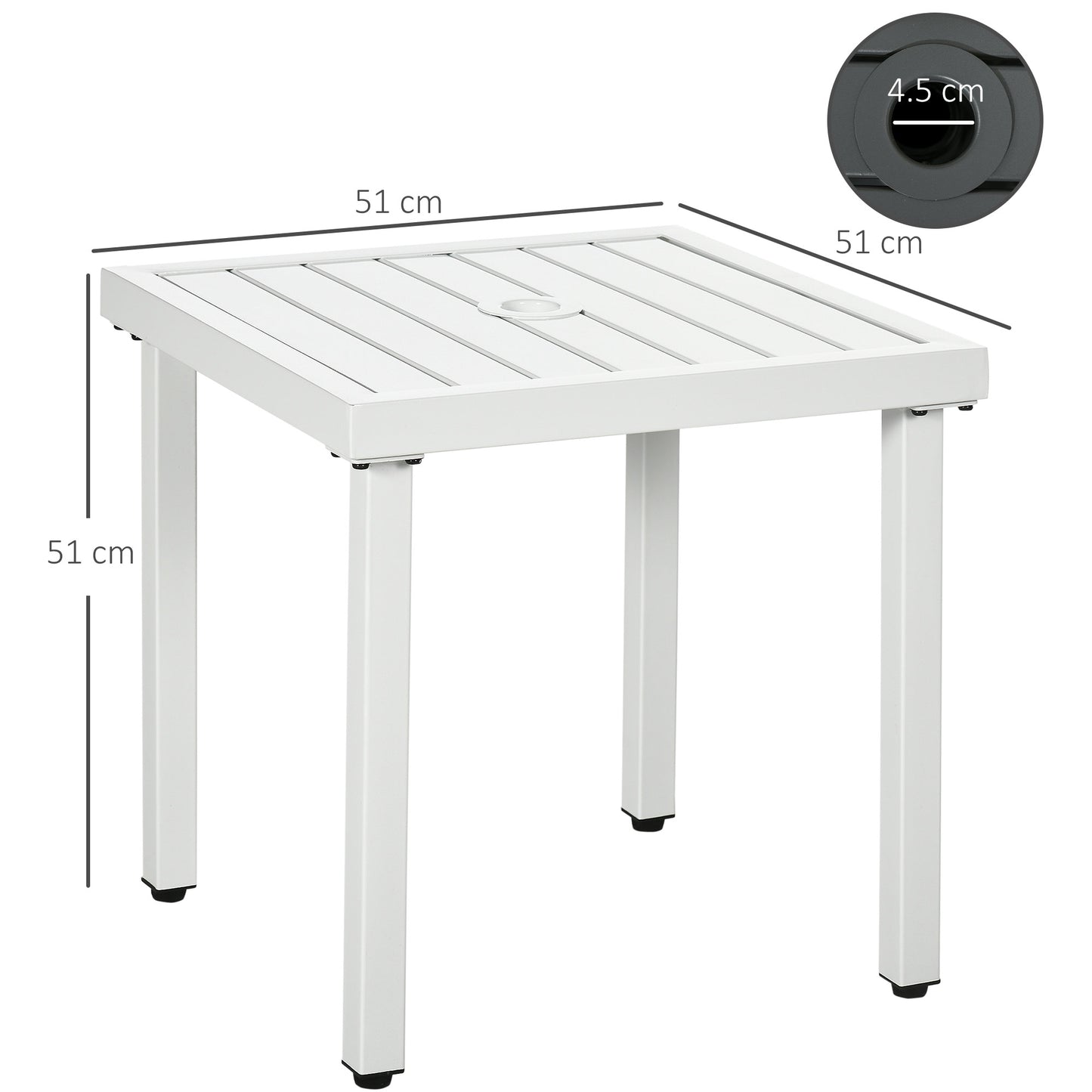 Garden Side Table End Table Patio Coffee Table with Umbrella Hole, Steel Frame for Balcony, White