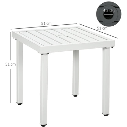 Garden Side Table End Table Patio Coffee Table with Umbrella Hole, Steel Frame for Balcony, White