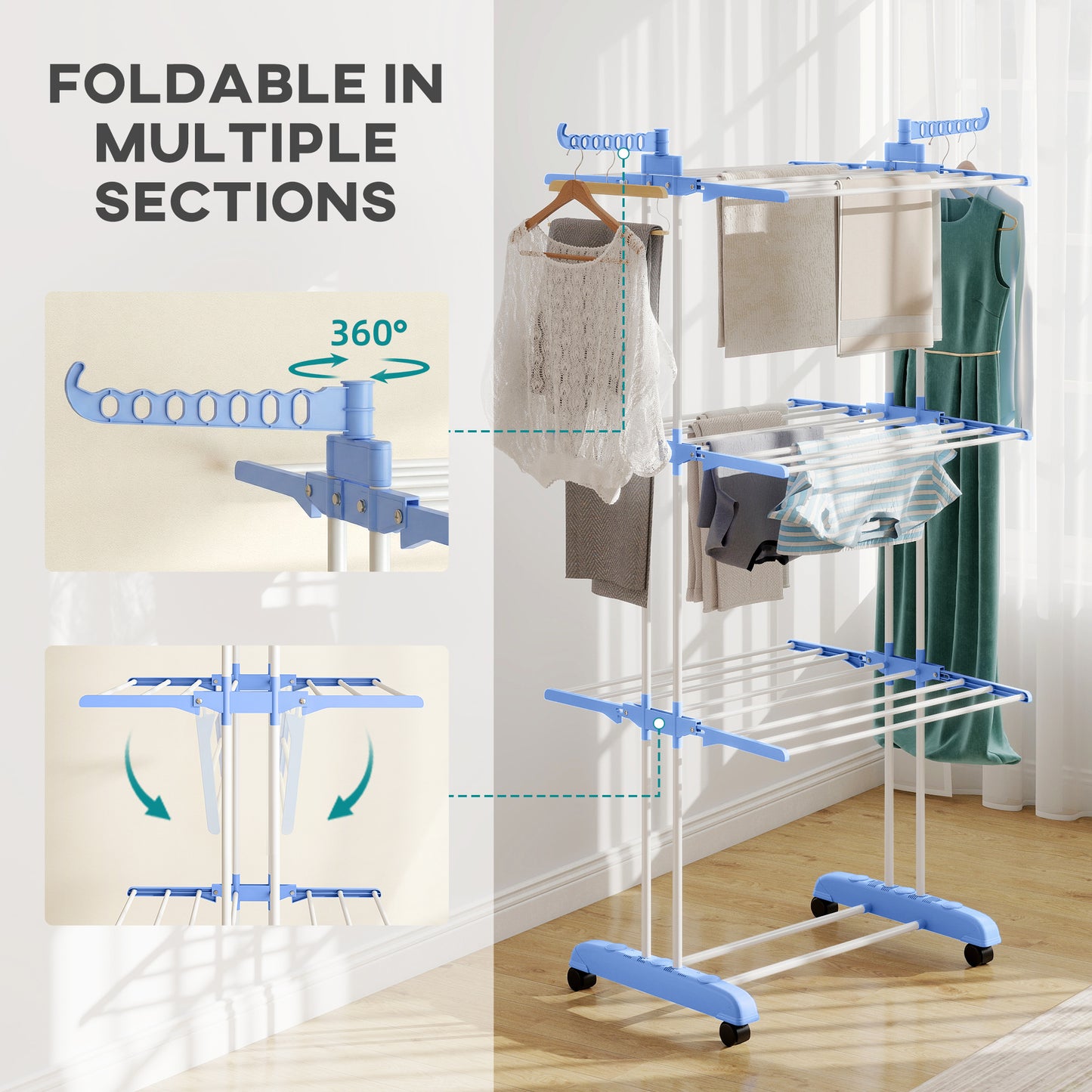 Foldable Clothes Drying Rack, 4-Tier Steel Garment Laundry Rack with Castors for Indoor and Outdoor Use, Blue
