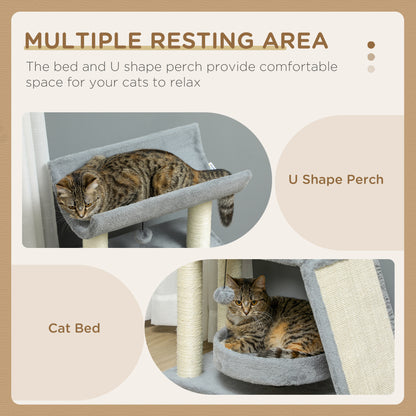 Cat Tree Tower, with Scratching Posts, Pad, Bed, Perch, Toy Ball - Light Grey