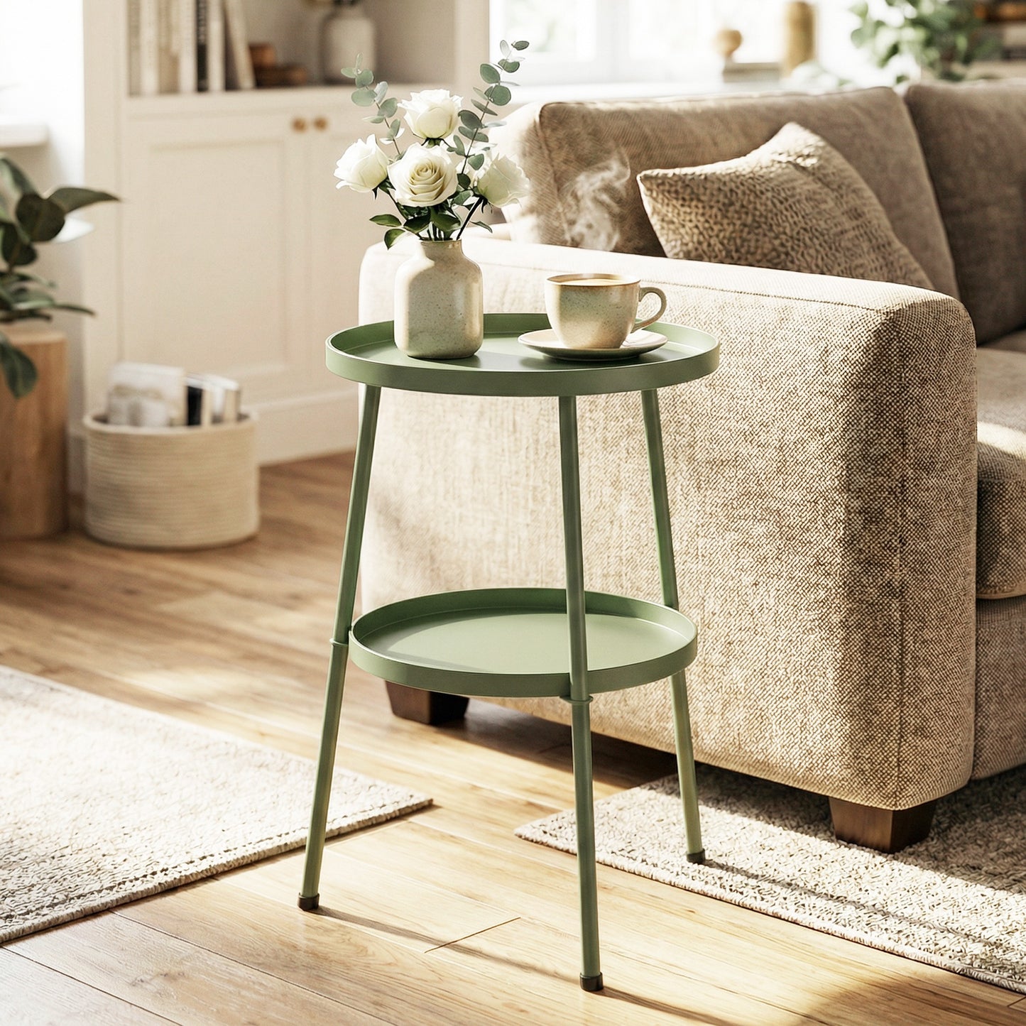Patio Side Table, 2-Tier Round Coffee End Table for Garden Balcony Living Room Bedroom, Light Green