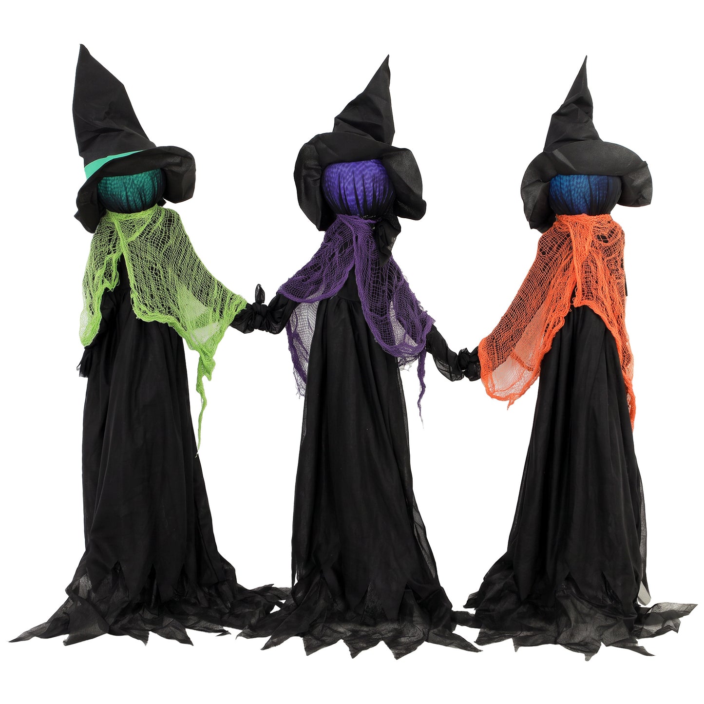 120cm Witches Holding Hands Halloween Decorations Outdoor Indoor, Scary Halloween Witch Decor with Light-Up Heads