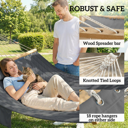 Double Hammock 2 Person Swing Bed with Spreader Bars, Pillows, Pad, 200 x 140cm, Grey