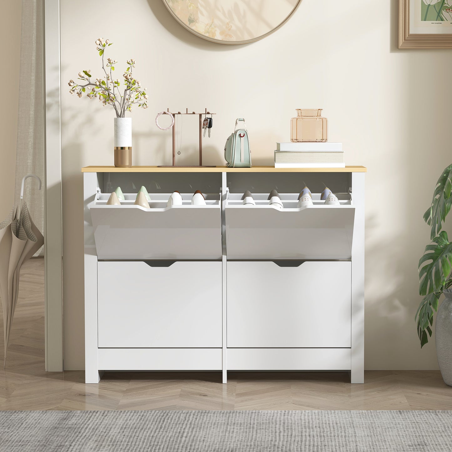 Slim Shoe Cabinet, Narrow Shoe Cupboard with 4 Flip Drawers, Adjustable Shelves for 16 Pairs of Shoes, White