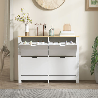 Slim Shoe Cabinet, Narrow Shoe Cupboard with 4 Flip Drawers, Adjustable Shelves for 16 Pairs of Shoes, White
