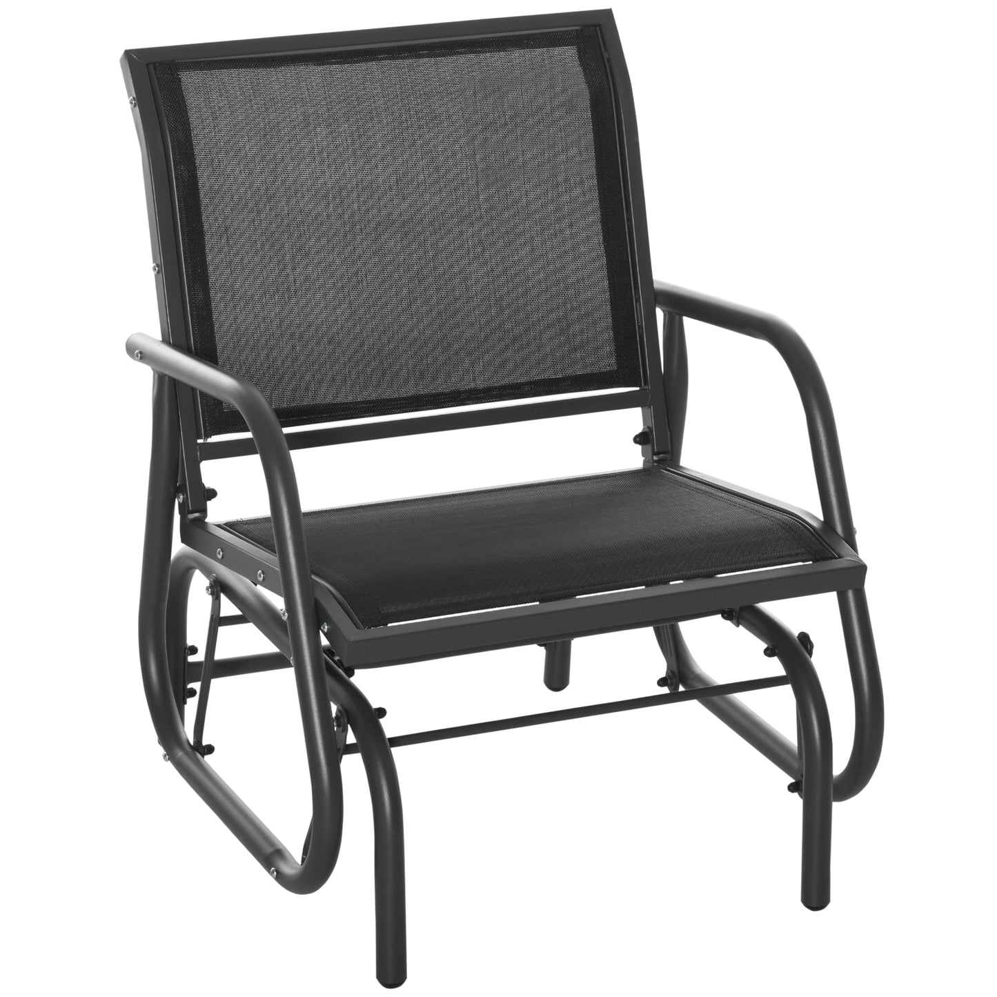 Outdoor Garden Glider Chair, Metal Frame Single Armchair Swing Seater w/ Breath Mesh Fabric Seat, Curved Backrest, Armrests