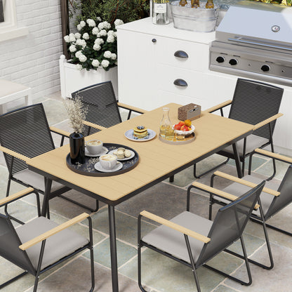 6‑Seater Garden Dining Set with Cushions, Rattan Backrest, Plastic Top, Garden Furniture Set, Natural Wood Finish