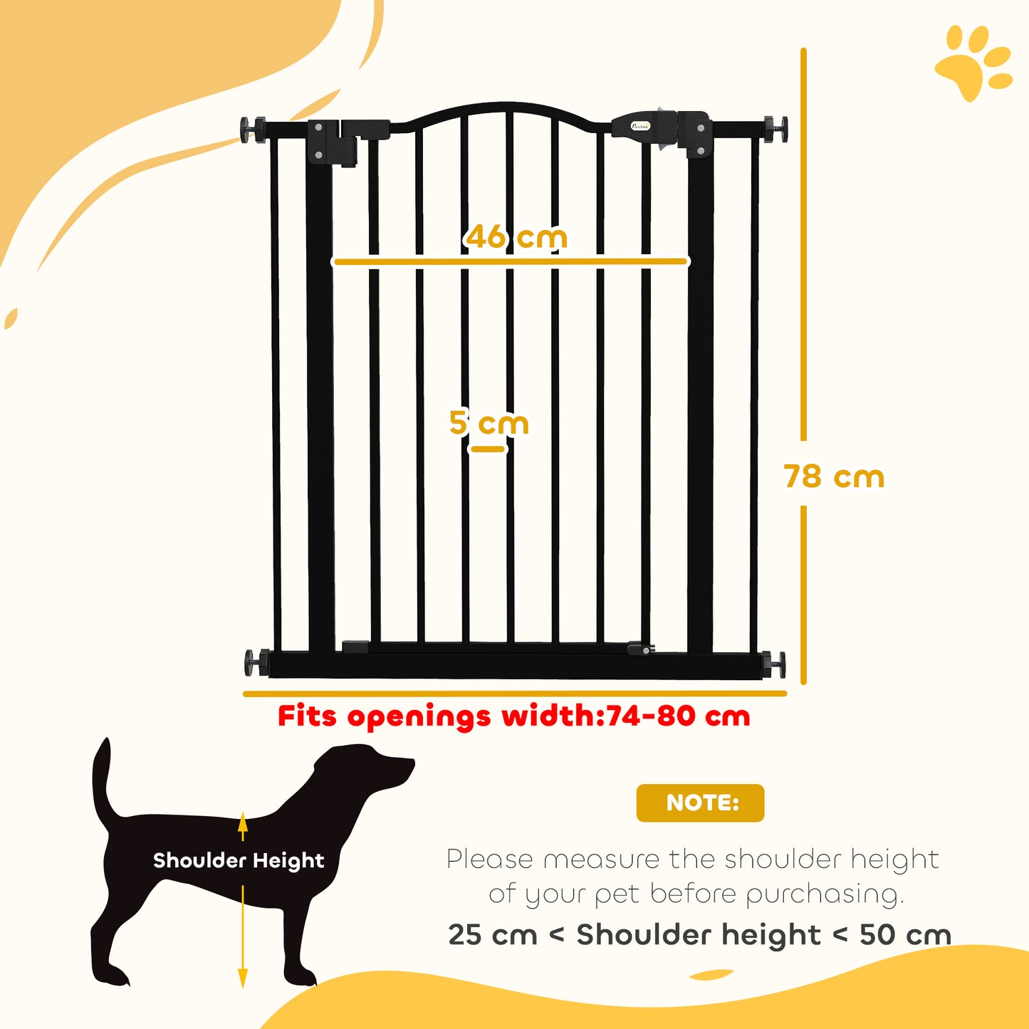 Metal 74-80cm Adjustable Pet Gate Safety Barrier w/ Auto-Close Door Black