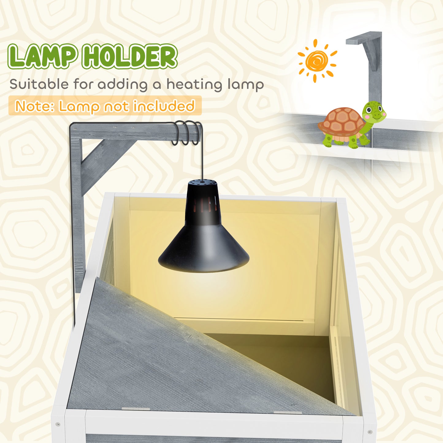 Wooden Tortoise House with Storage Shelf, Clear Observation Windows, Lamp Holder, Openable Top, Built-in Tray, Grey