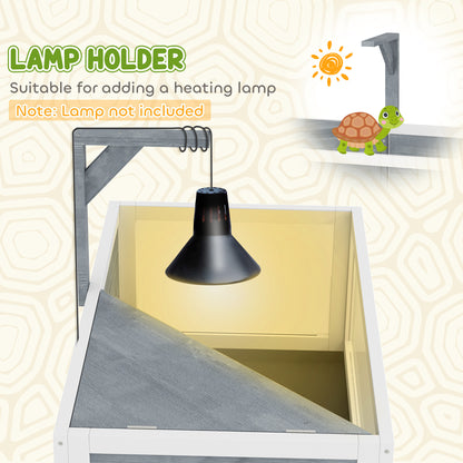 Wooden Tortoise House with Storage Shelf, Clear Observation Windows, Lamp Holder, Openable Top, Built-in Tray, Grey