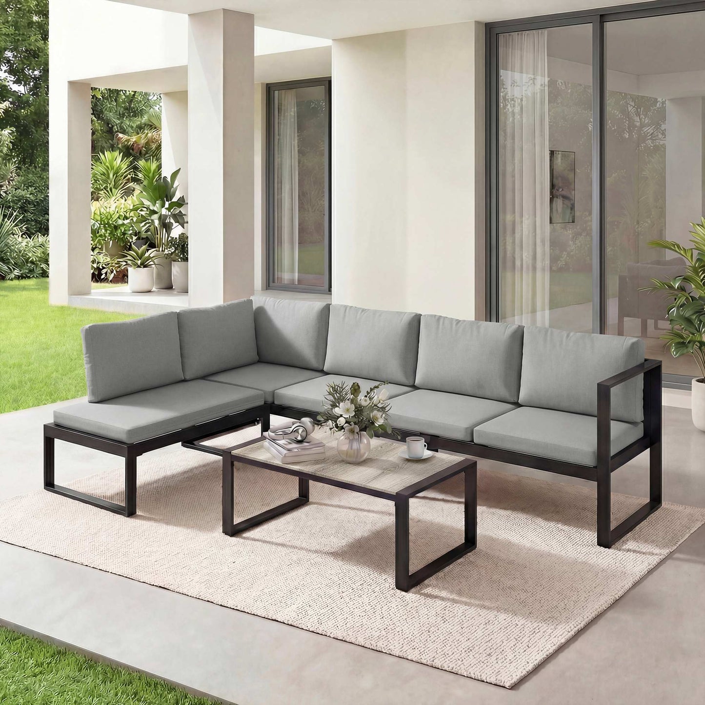 4 Piece Garden Furniture Set, Garden Sofa Set with 2 Loveseats, Armless Chair, Coffee Table for Balcony, Dark Grey