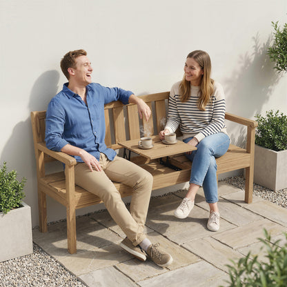 Wooden Garden Bench with Liftable Table & Shelf, 2-3-Seater Outdoor Loveseat with Fir Wood Frame, Teak