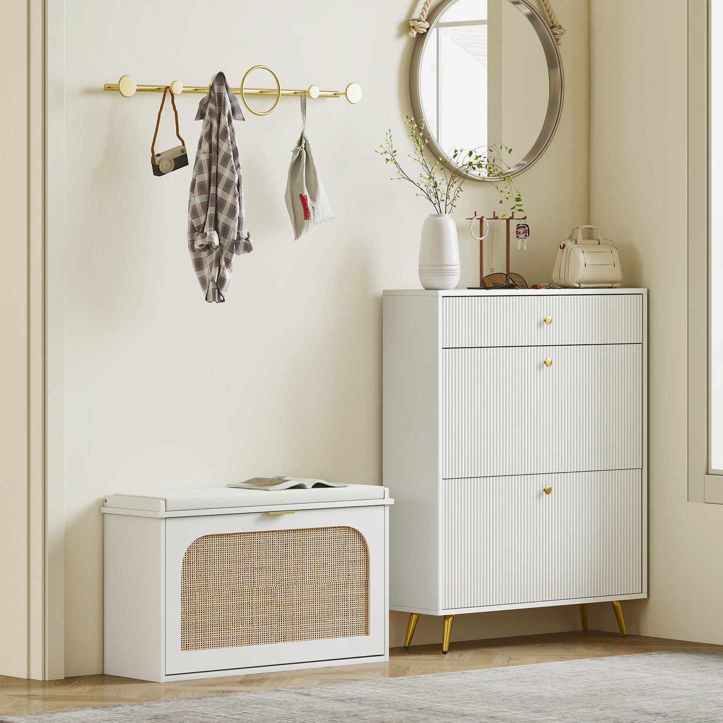 Boho Shoe Bench with Padded Seat and Flip-Drawer - White