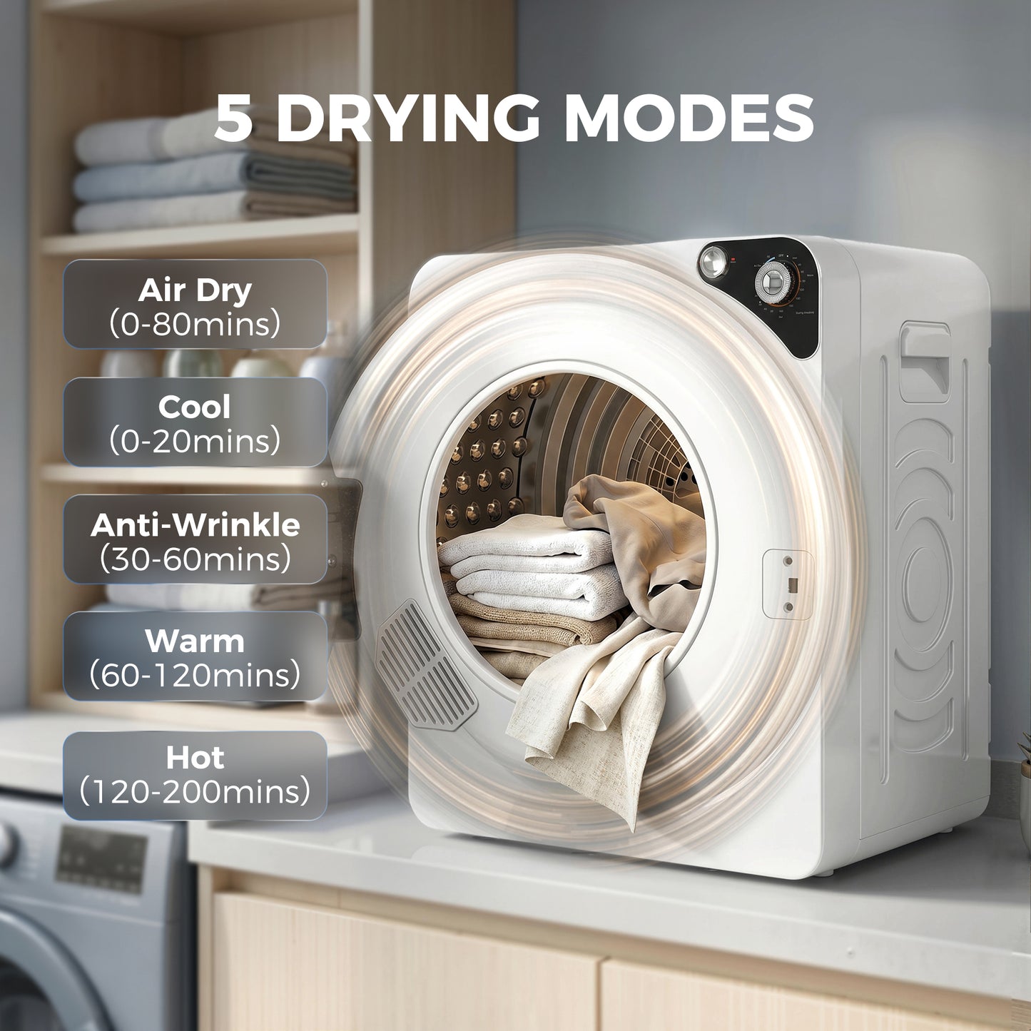 5kg Vented Tumble Dryer, 1000W Compact Tumble Dryer with 5 Drying Modes, Stainless Steel Tub, White