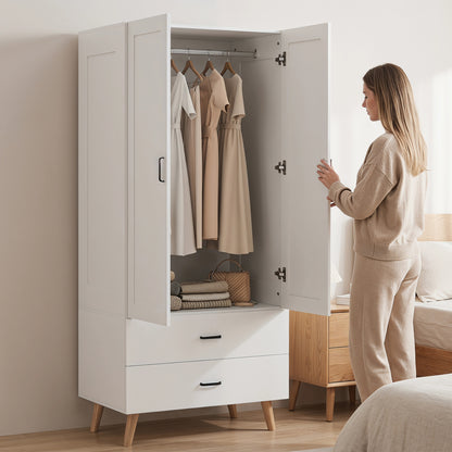 2-Door Wardrobe, Modern Wardrobe with 2 Drawers and Hanging Rail for Bedroom, White