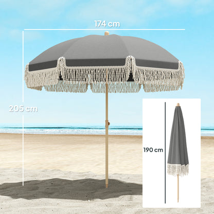 1.7 m Beach Umbrella with Sand Anchor, 30° Tilting Fringed Beach Garden Parasol with Adjustable Height, Grey