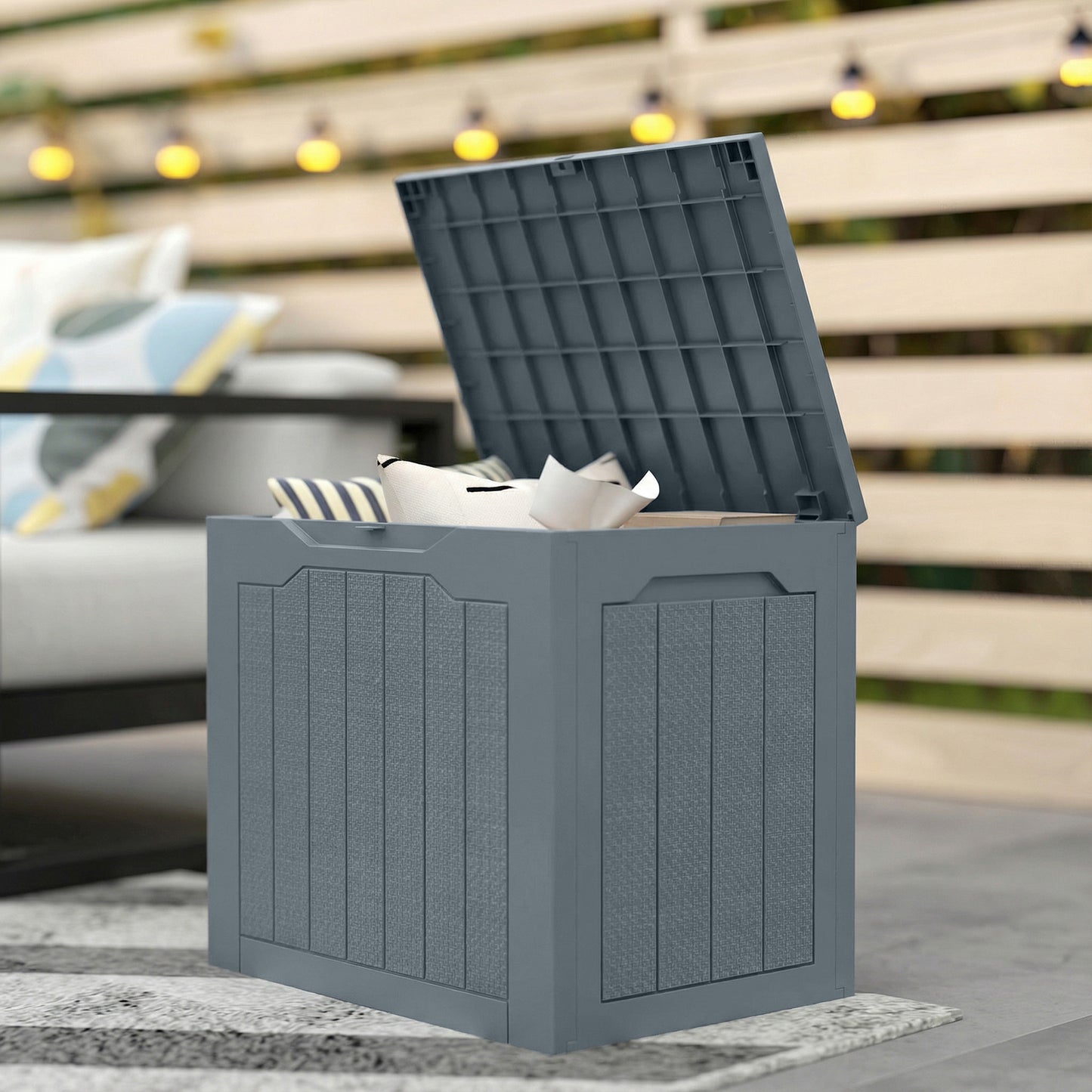 97L Plastic Garden Storage Box, Outdoor Storage Box with Handles, Waterproof Outdoor Storage Container, Light Grey