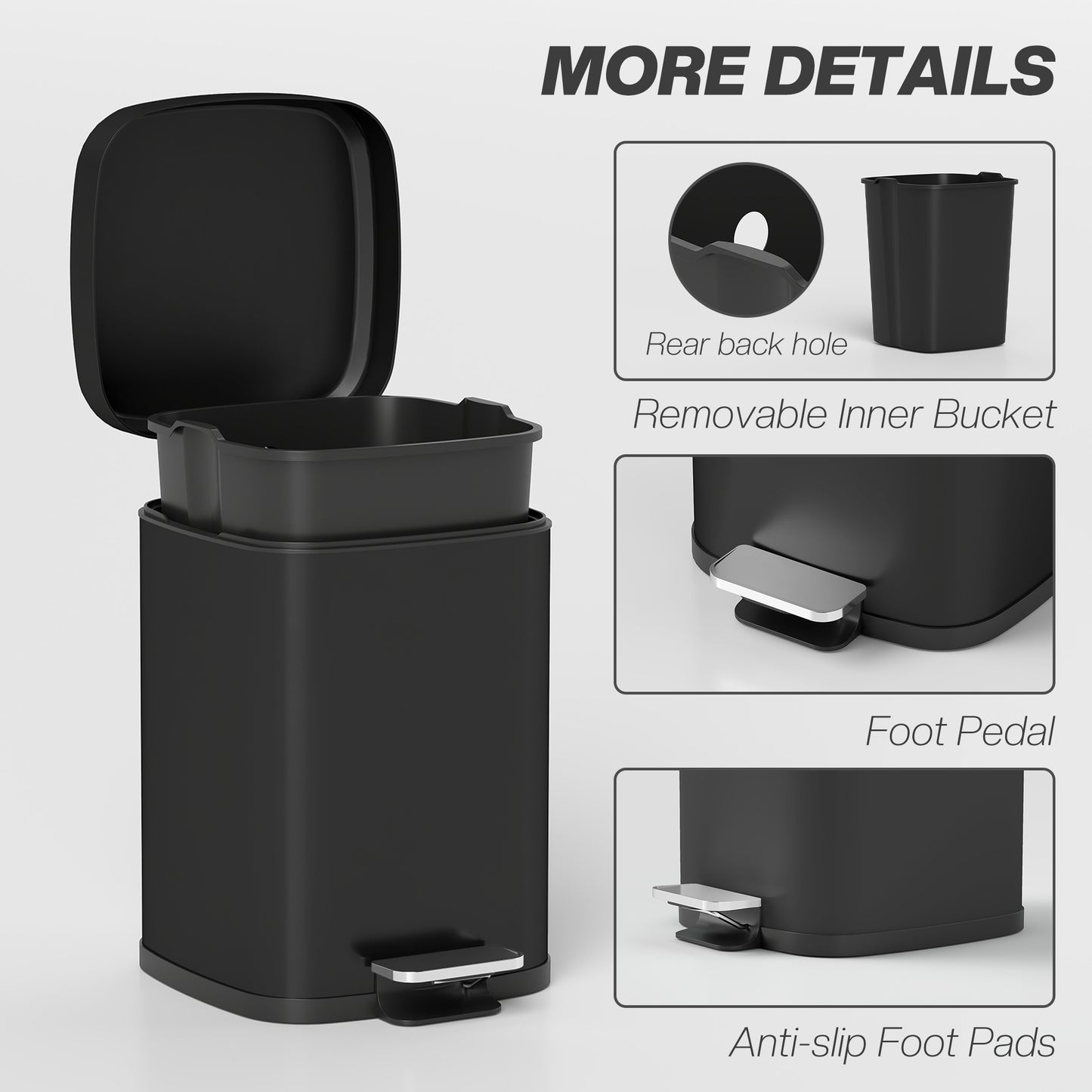 12L Modern Boxy Metal Home Kitchen Bin - Black