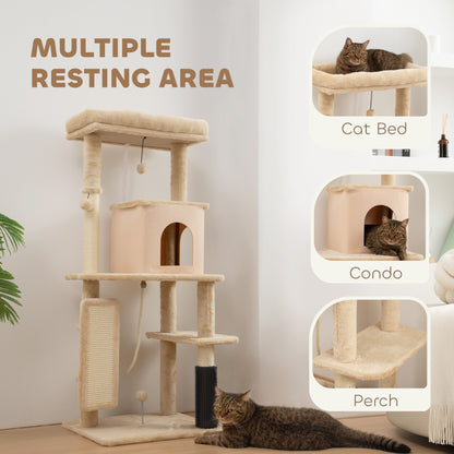 132cm Cat Tree w/ Scratching Posts, Pad, Cat Bed, Cat House, Jumping Platform, Grooming Brush, Anti-Tip Kit, Beige