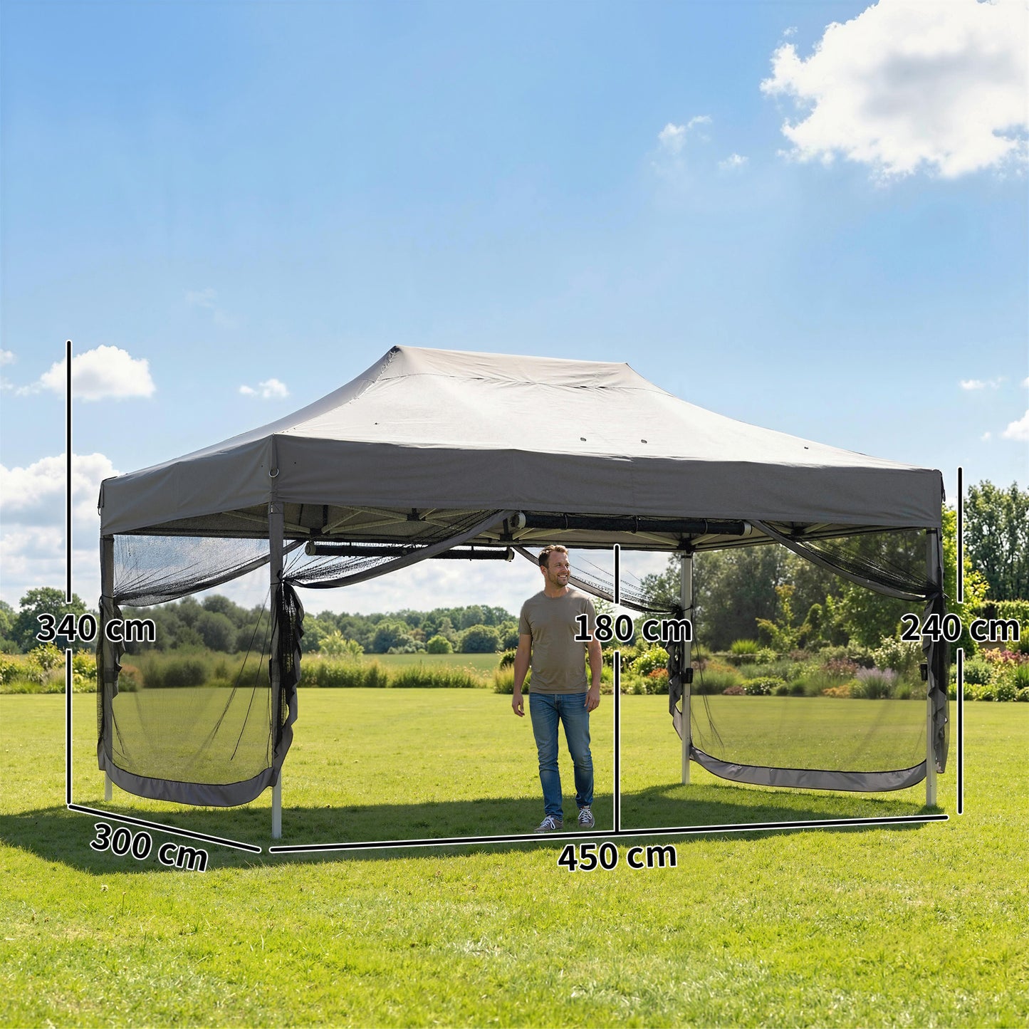 3 x 4.5 m Pop Up Gazebo with Mesh Nettings, UPF50+ Heavy Duty Outdoor Garden Party Tent Marquee, Dark Grey