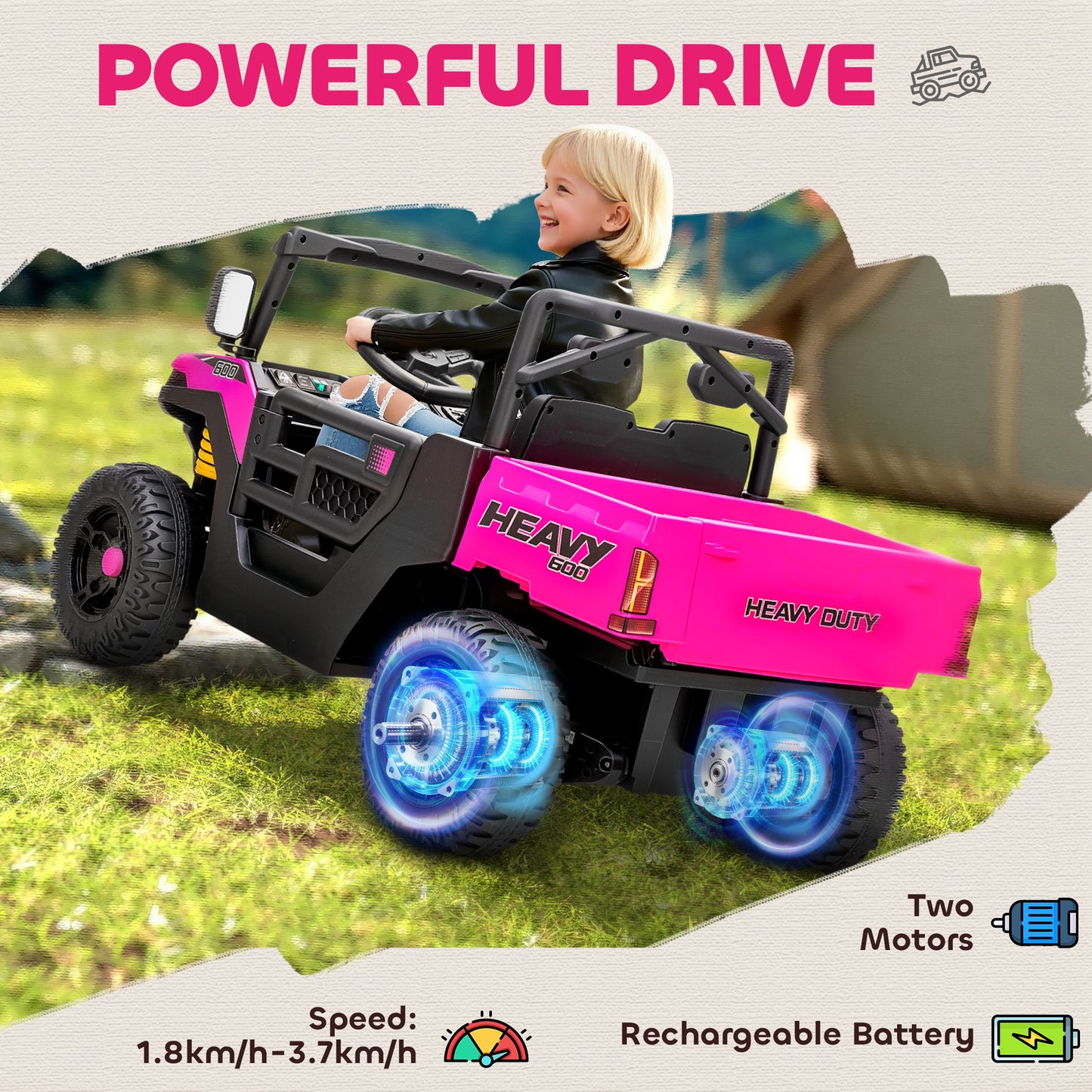 Kids Ride on Car, 12V Electric Kids UTV with Electric Dump Bed, 4-Wheel Suspension for 3-8 Years, Pink