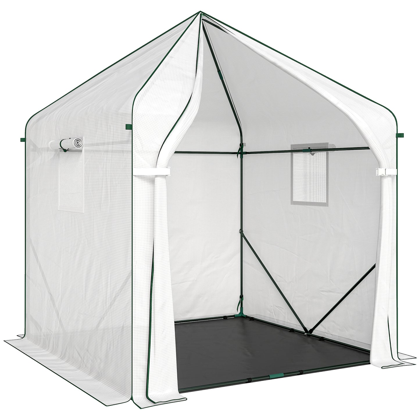 Walk-in Greenhouse for Outdoors with Steel Frame, Large Plant House with Roll-up Door and PE Ground Cover, White