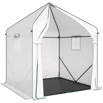 Walk-in Greenhouse for Outdoors with Steel Frame, Large Plant House with Roll-up Door and PE Ground Cover, White