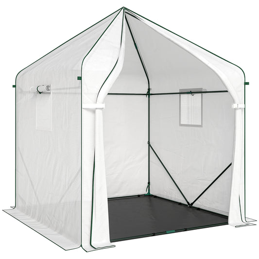 Walk-in Greenhouse for Outdoors with Steel Frame, Large Plant House with Roll-up Door and PE Ground Cover, White