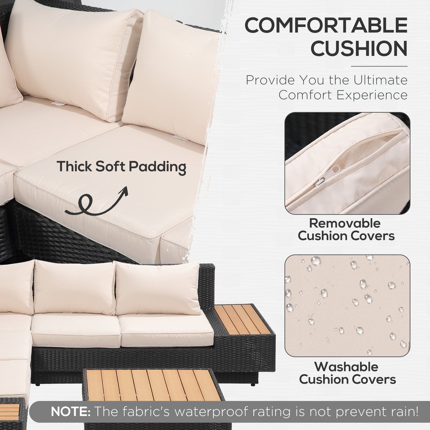 5-Seater Rattan Garden Furniture Outdoor Sectional Corner Sofa with Armrest and Cushions, Black