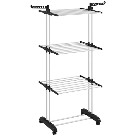 Foldable Clothes Drying Rack, 4-Tier Steel Garment Laundry Rack with Castors for Indoor and Outdoor Use, Black
