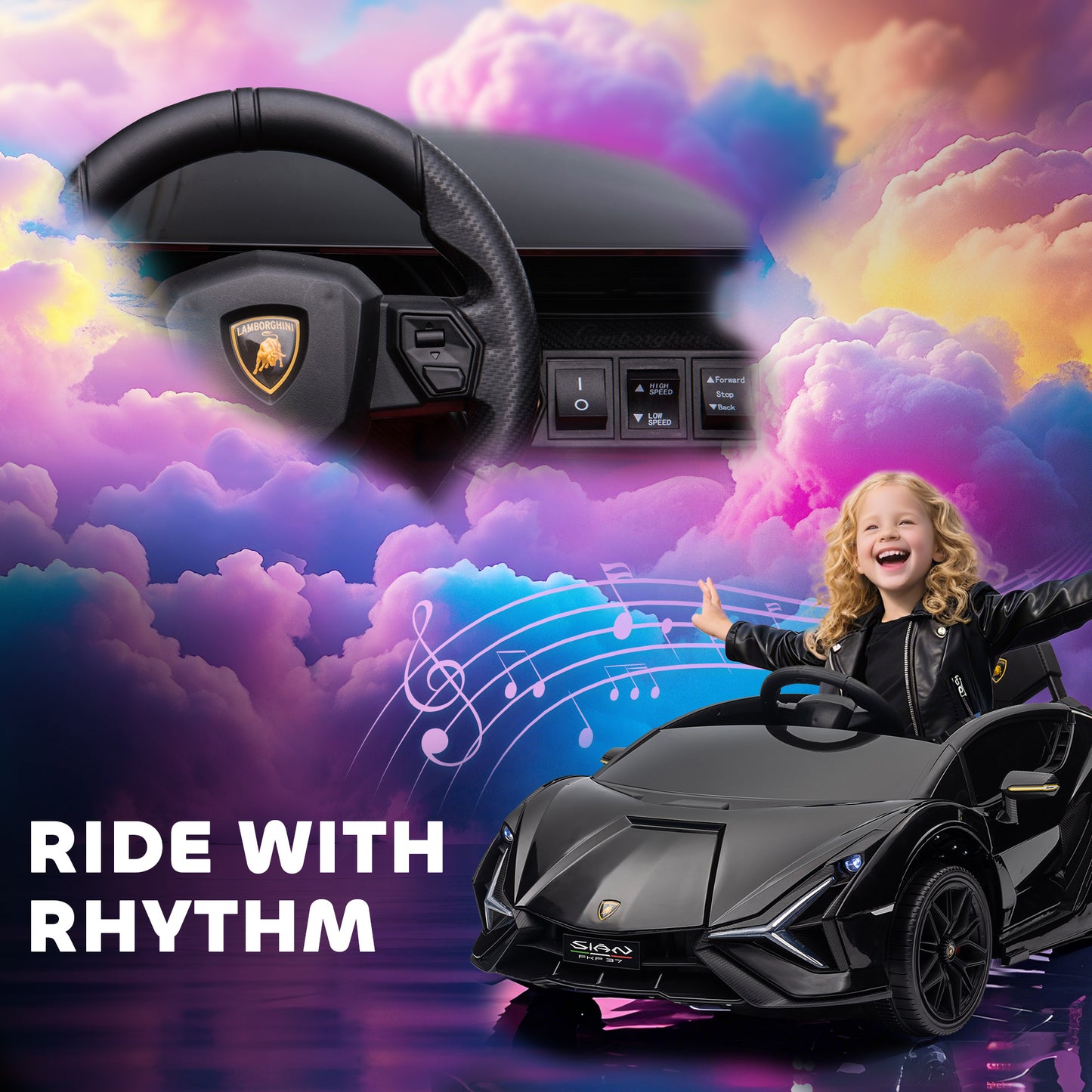Lamborghini Sian Licensed Electric Car for Kids, 12V Kids Electric Ride on Car with Dual Motors, Remote Control, Black