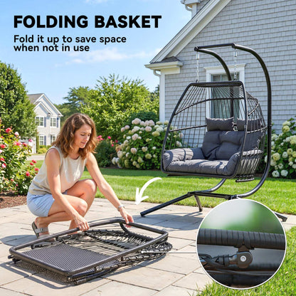 Rattan Double Hanging Egg Chair with Stand, Foldable Wicker Swing Egg Chair with Cushion, Head Pillows, Steel Frame