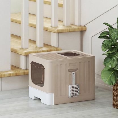 Cat Litter Box with Lid, Slide-Out Drawer, Scoop, Easy Clean, Odour Control, Anti-Splashing, Khaki