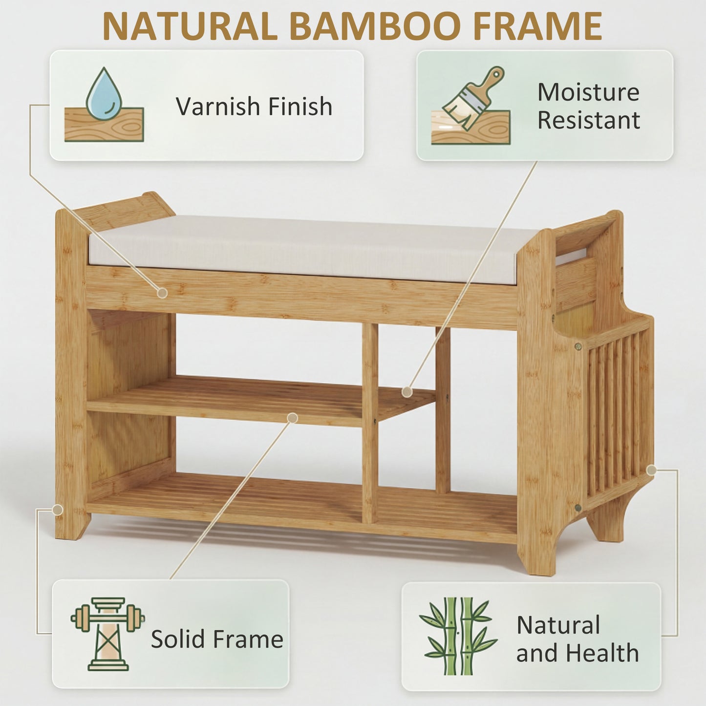 Shoe Bench 2-Tier Boot Section Entryway Storage Bench Cushioned Seat 80 x 30 x 50 cm Natural and Cream