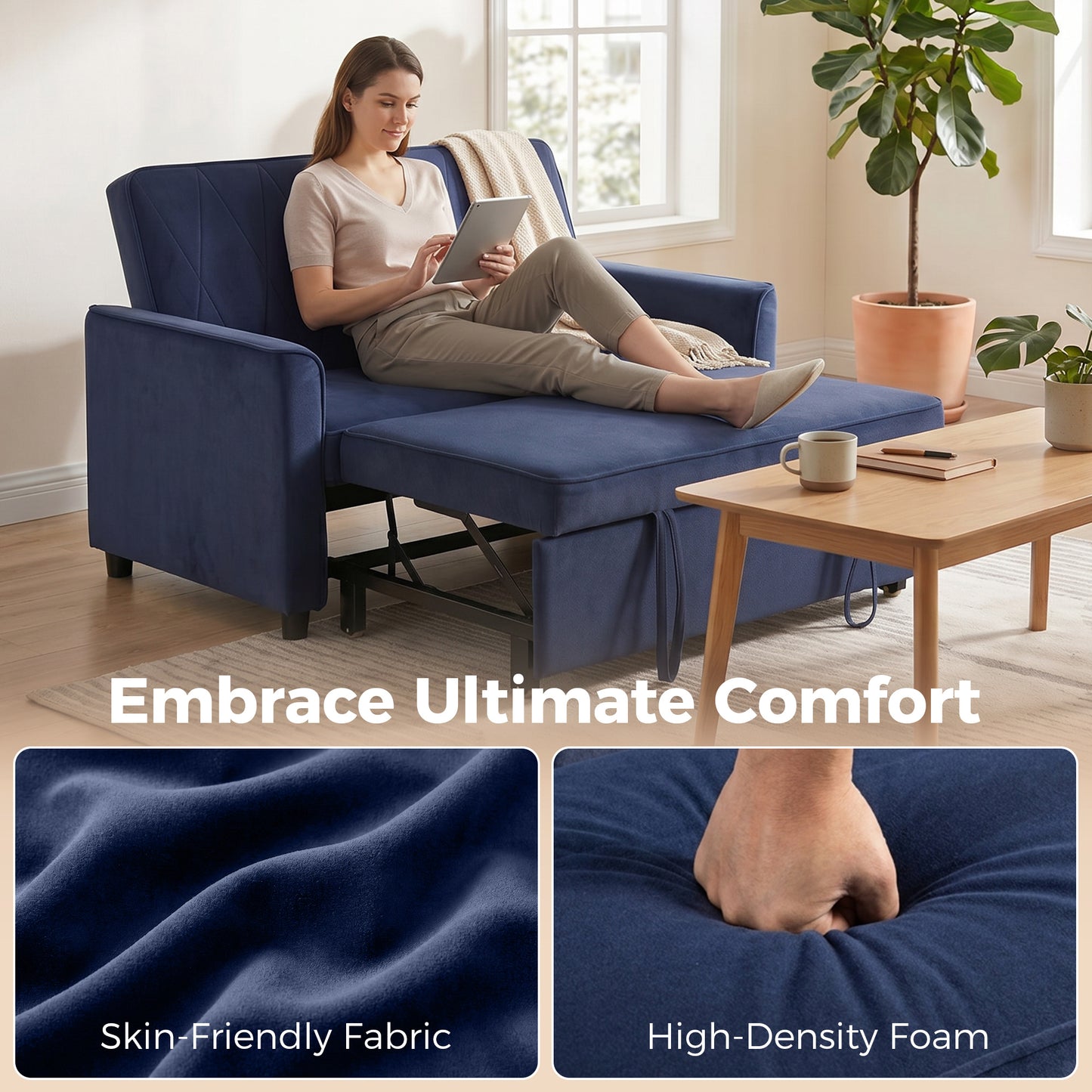 2 Seater Sofa Bed, 3-in-1 Convertible Pull Out Sleeper Sofa with Click-Clack Adjustable Backrest, Dark Blue