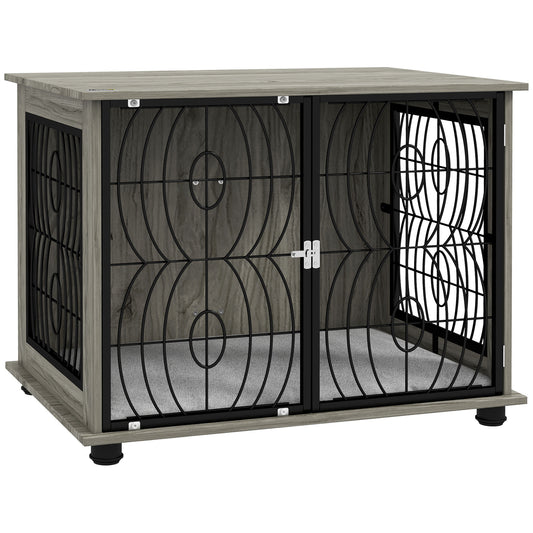 Indoor Dog Crate Furniture End Table w/ Plush Washable Cushion, Lockable Door, for Medium Dogs