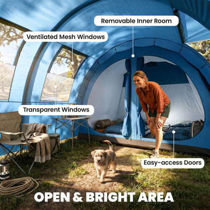 4 Man Camping Tent with 2 Room, Floor and Carry Bag - Blue