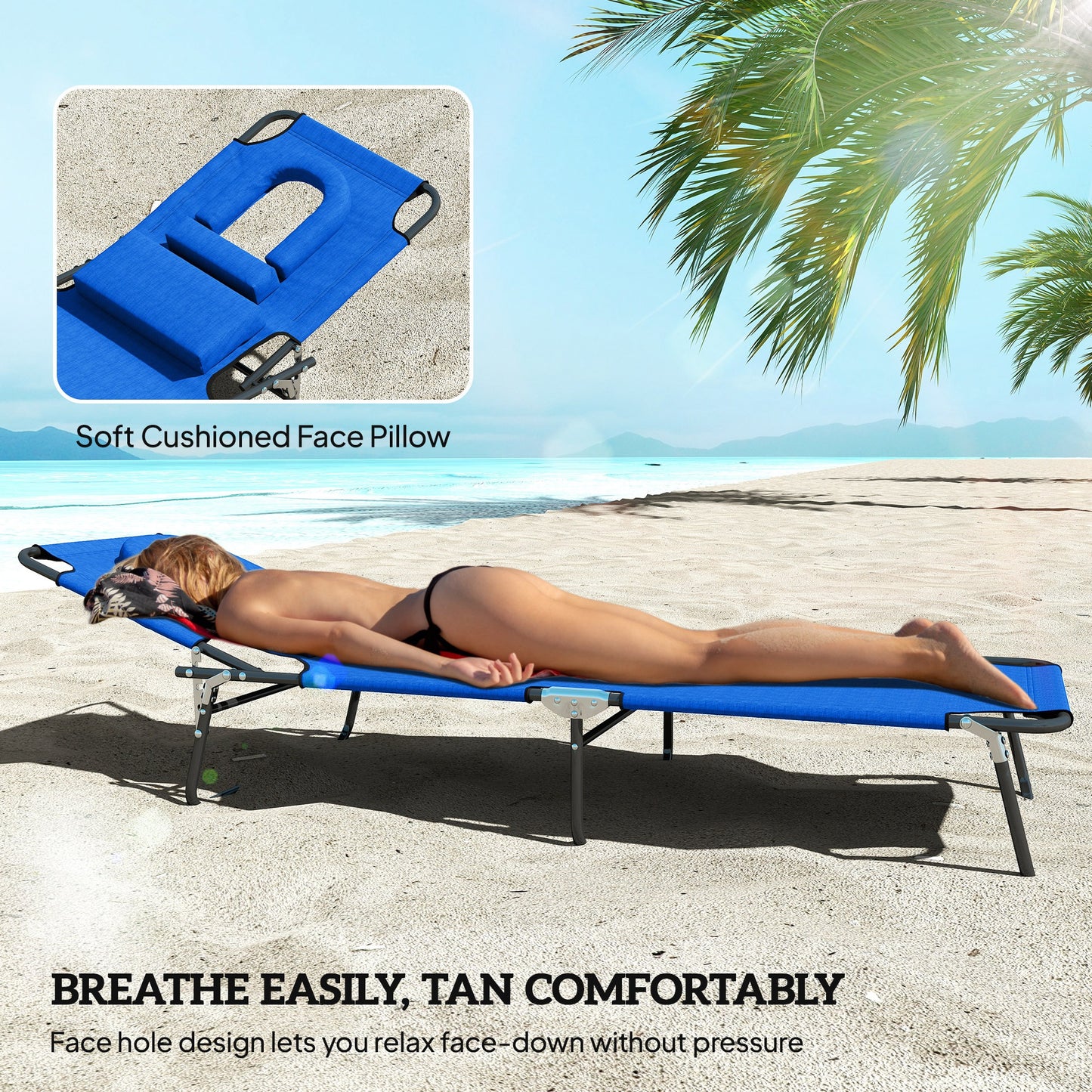 Folding Sun Loungers Set of 2 with Face Hole, 4-Position Adjustable Backrest Garden Recliner Chair Sunbed