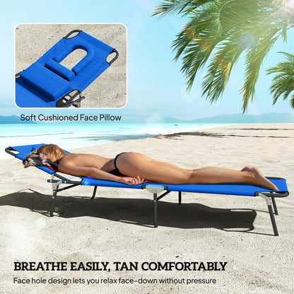 Folding Sun Loungers Set of 2 with Face Hole, 4-Position Adjustable Backrest Garden Recliner Chair Sunbed