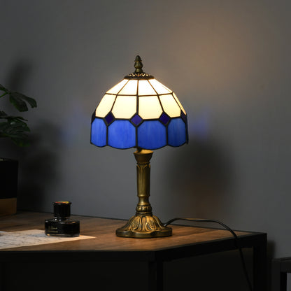 Handmade Art Deco Glass Table Lamp - White/Blue