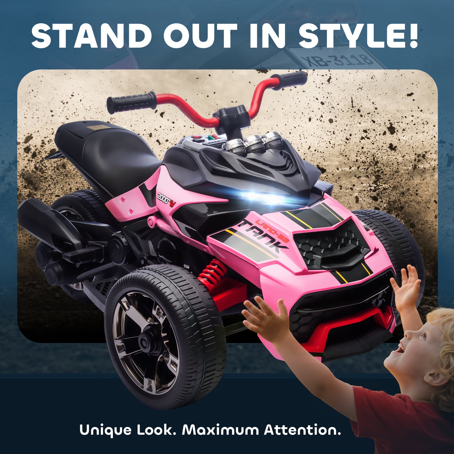 12V Kids Electric Ride On Car with 3 Wheeler, MP3 Player, Horn, 2 Speeds, LED Lights for Boys & Girls Ages 3-8, Pink