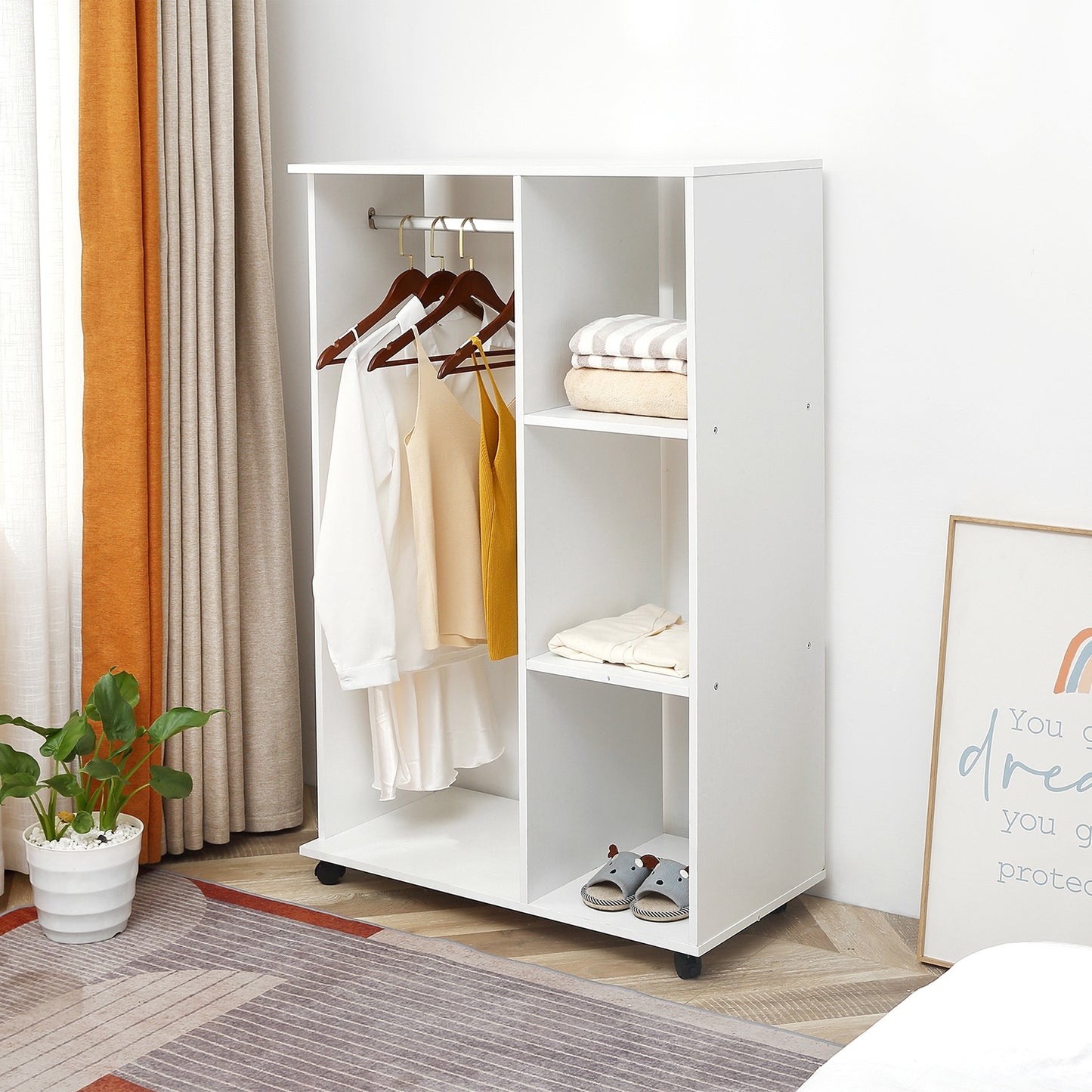 Open Wardrobe on Wheels, Bedroom Wardrobe with Clothes Hanging Rail, 3 Storage Shelves, Mobile Garment Rack for Cloakroom