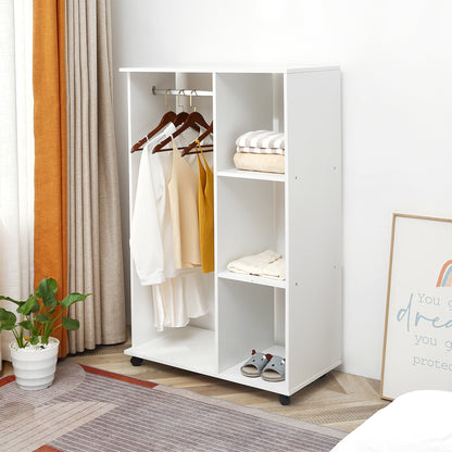 Open Wardrobe on Wheels, Bedroom Wardrobe with Clothes Hanging Rail, 3 Storage Shelves, Mobile Garment Rack for Cloakroom