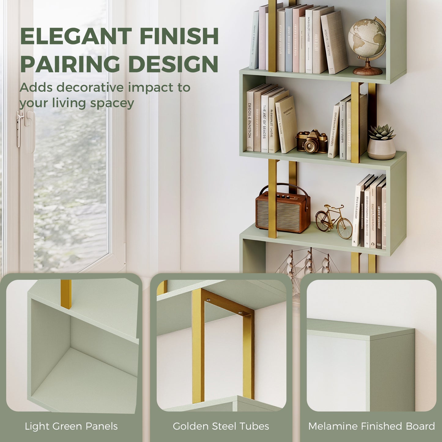 S-Shaped Bookshelf, 6-Tier Bookcase, Freestanding Storage Shelves with Anti-Tip Strap for Living Room, Light Green