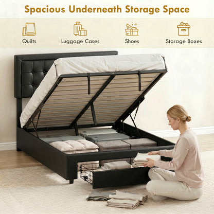 PU Leather King Size Ottoman Bed Frame, with Front Drawer - Black