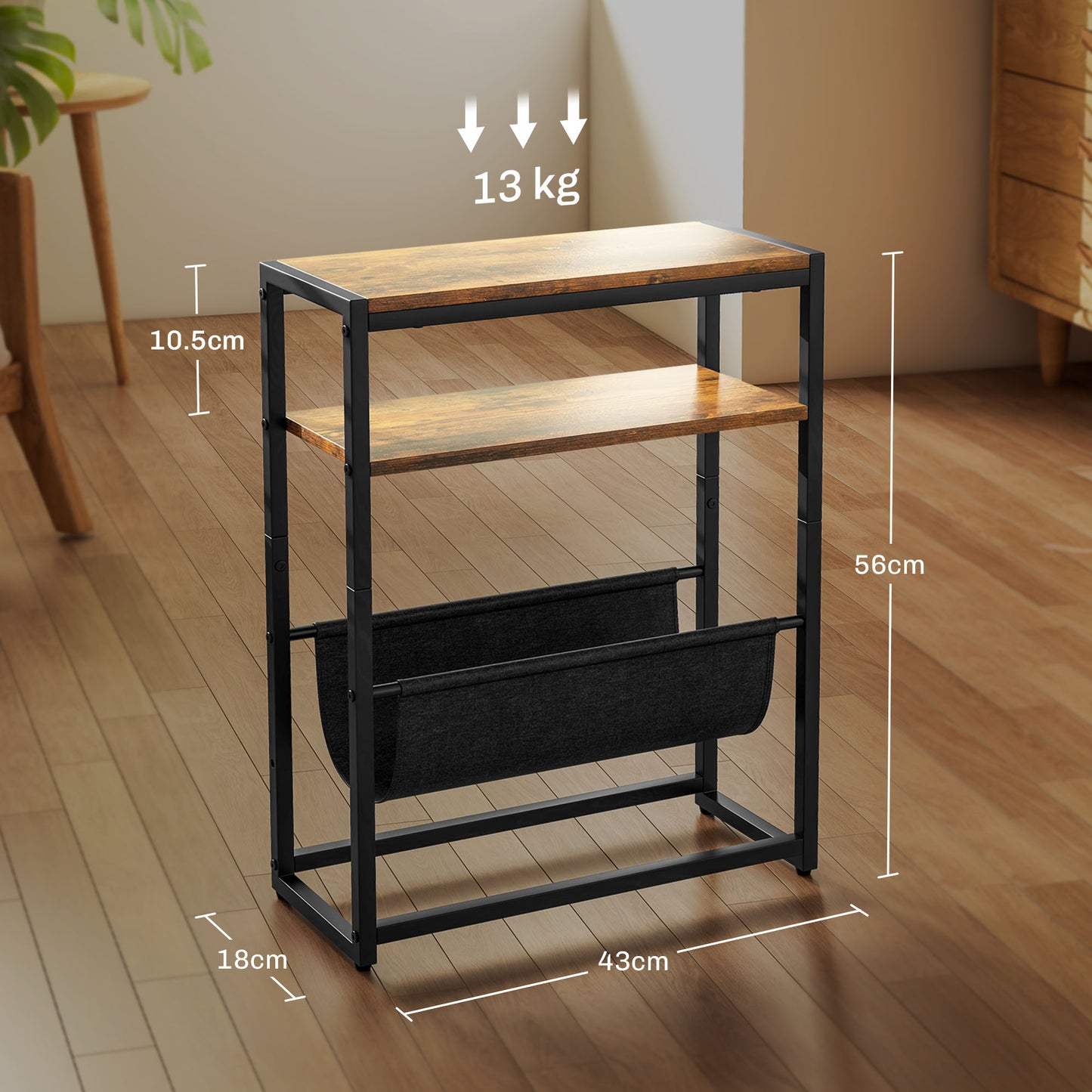 Narrow Side Table, End Table with 3-Tier Storage, V-Shaped Magazine Holder for Living Room, Bedroom, 43 x 18 x 56 cm, Ru
