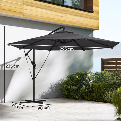 3 m Cantilever Parasol with Protective Cover and Wind Ropes, Banana Parasol with Crank Handle, Black