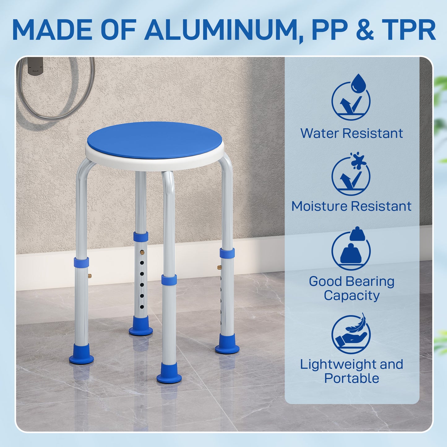 360° Swivel Shower Chair, Height Adjustable Aluminium Shower Stool with Non-Slip Feet for Disabled, Elderly, Blue
