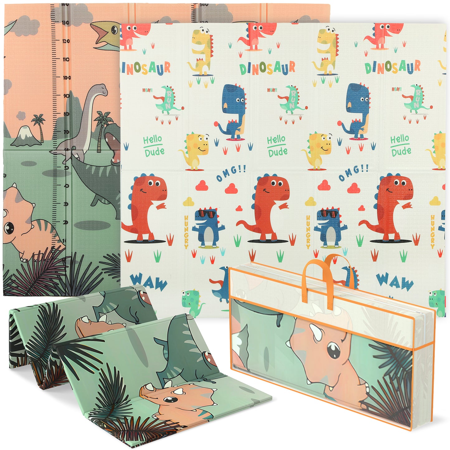 Baby Play Mat, Double Sideded Foldable Kids Crawling Mat, Reversible & Waterproof, Dinosaur